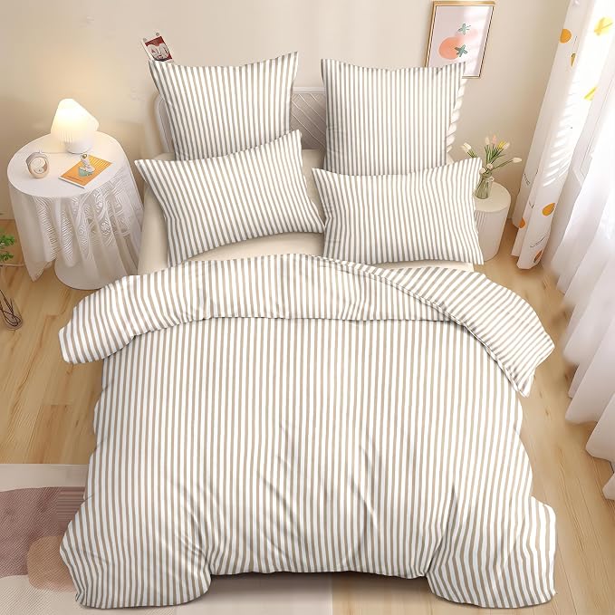 Nayoroom Brown Tan Striped Duvet Cover Set Queen | Modern Farmhouse Coastal Bedding, Soft Breathable Washed Microfiber, All-Season Comfort, Hidden Zipper, 4 Corner Ties