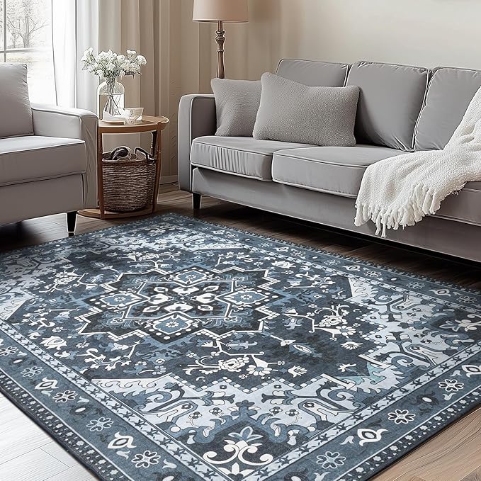 Rugflix 4x6 Area Rugs for Living Room, Washable Dark Navy Blue Rug | Machine Washable; Stain-Resistant; Low Pile; Non-Slip; Vintage Farmhouse; Carpet for Bedroom Dining Office Nursery Home