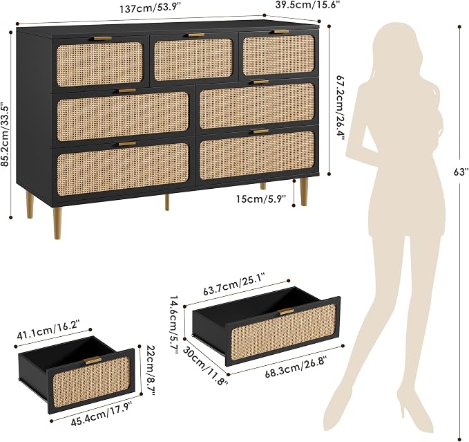 GarveeHome Rattan 7 Drawer Dressers for Bedroom, Deep Drawer, Black | Tall Dresser, Wide Top, for Living Room, Hallway, Kids Room, Large Chest of Drawers for Closet, Long Wooden Dresser