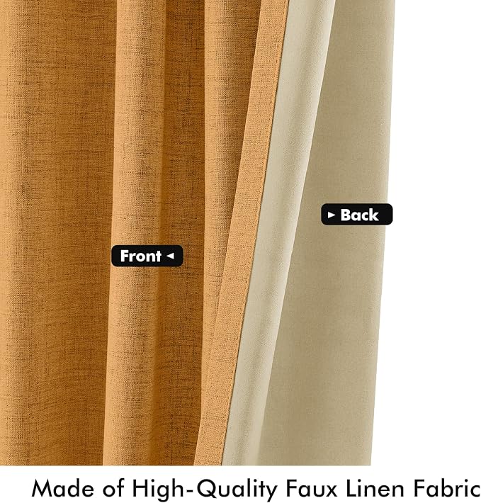 MIULEE Fall 100% Blackout Linen Curtains 42" x 96" Mustard Yellow 2 Panels | Thermal Insulated, Room Darkening Drapes for Bedroom Living Room, Back Tab Rod Pocket Pinch Pleated, Solid Luxury Decor