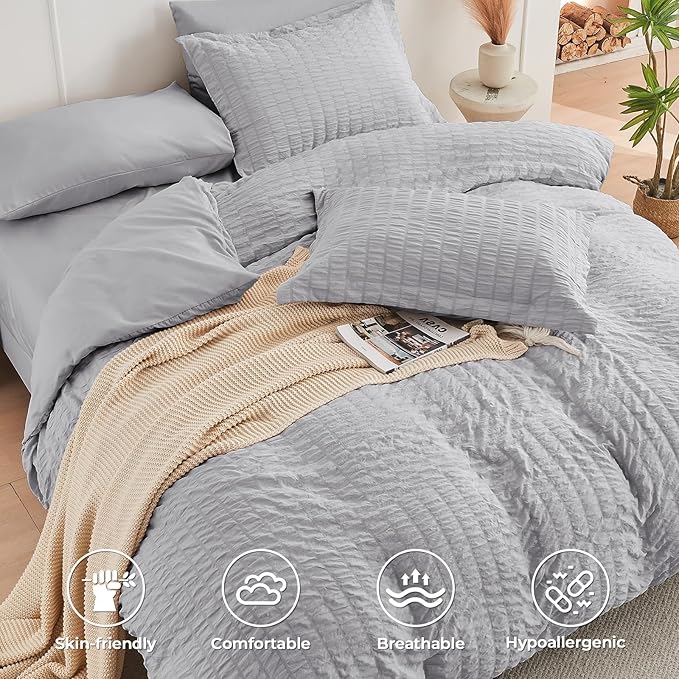 HYMOKEGE Light Grey King Size Comforter Set Seersucker 7 Pieces, All Season Luxury Bed in a Bag for Bedroom, Bedding Set with Comforters, Sheets, Pillowcases & Shams