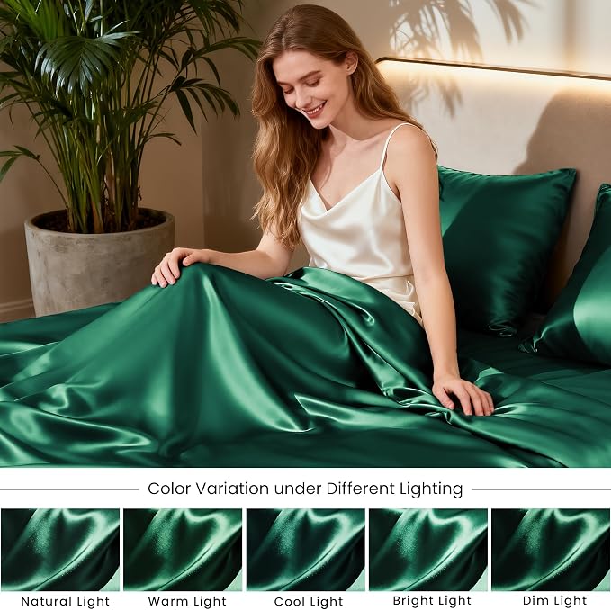 Love's cabin Full Size Satin Sheet Set - 4 Piece Dark Green Silky Satin Sheet Set with Deep Pocket, Luxury Silk Feel Satin Bed Sheets Full Bedding Set (1 Flat Sheet,1 Fitted Sheet,2 Pillow Cases)