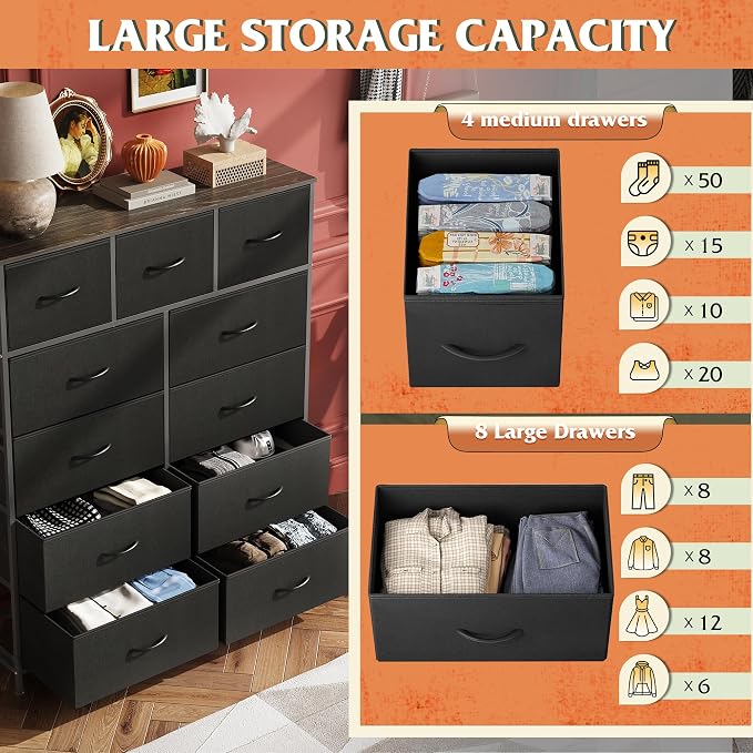 WLIVE Tall Dresser for Bedroom, 11 Drawer Chest of Drawers, Charcoal Black | 11 fabric storage drawers, Tall high-capacity design, Bedroom or dorm use, Sturdy steel frame, Smooth wood tabletop