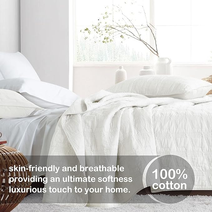 HORIMOTE HOME 100% Cotton Quilt Set King Size, White Pre-Washed 3-Piece Bedspread Coverlet Set, Cozy Lightweight Stitching Decorative Bedding Cover with 2 Shams in Geometric Pattern for All Season