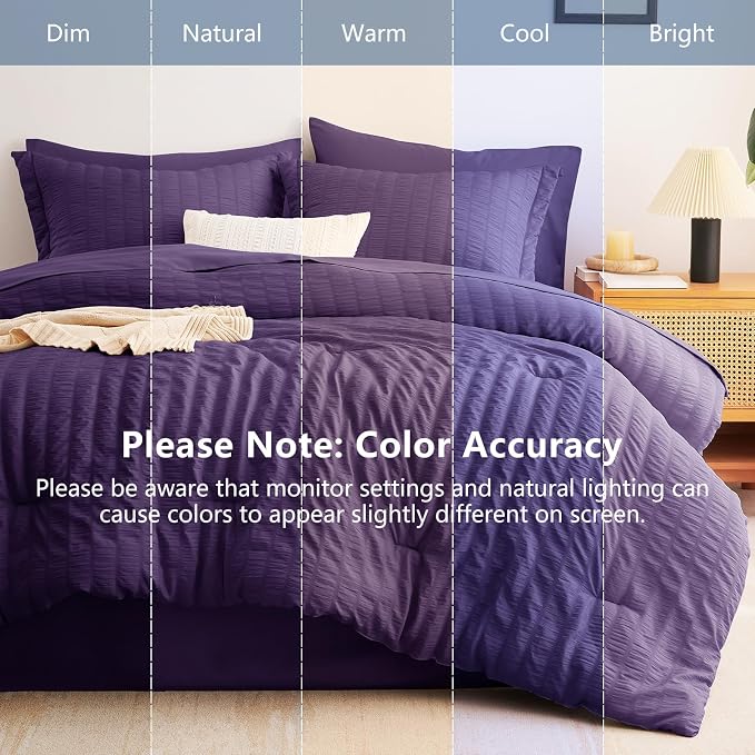 Full Size Comforter Sets, 7 Pieces Purple Seersucker Bed in a Bag | OEKO-TEX Certified, All Season Bedding Set with 240 GSM Down Alternative Comforter, Flat & Fitted Sheets, Pillowcases & Shams
