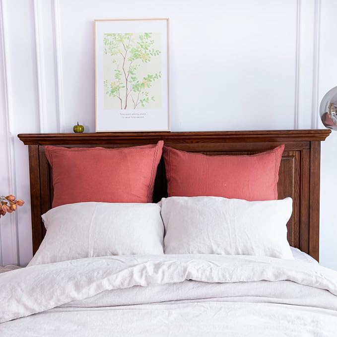 Simple&Opulence 100% French Linen Euro Shams with Embroidery (26'' x 26'') - Pack of 2 - Pre Washed Solid Color Natural Flax Soft Breathable - Coral Red
