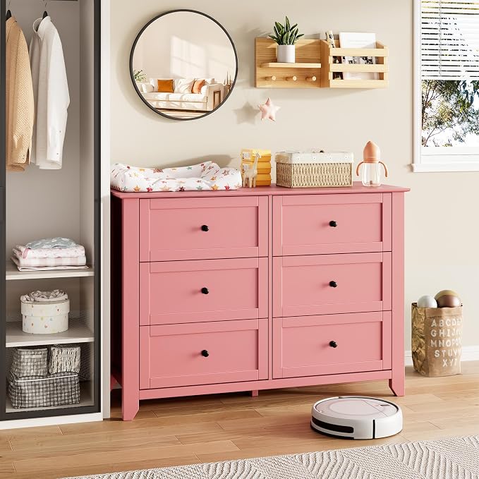 Garvee 6 Drawer Dresser for Bedroom, 47.2" Wide Modern Large Chest of Drawers with Metal Knobs, Wooden Clothes Storage Organizer for Closet, Nursery, Living Room, Apartment, Pink | Lacquered Finish, Metal Knobs, Clothes Storage Organizer for Closet, Nu...