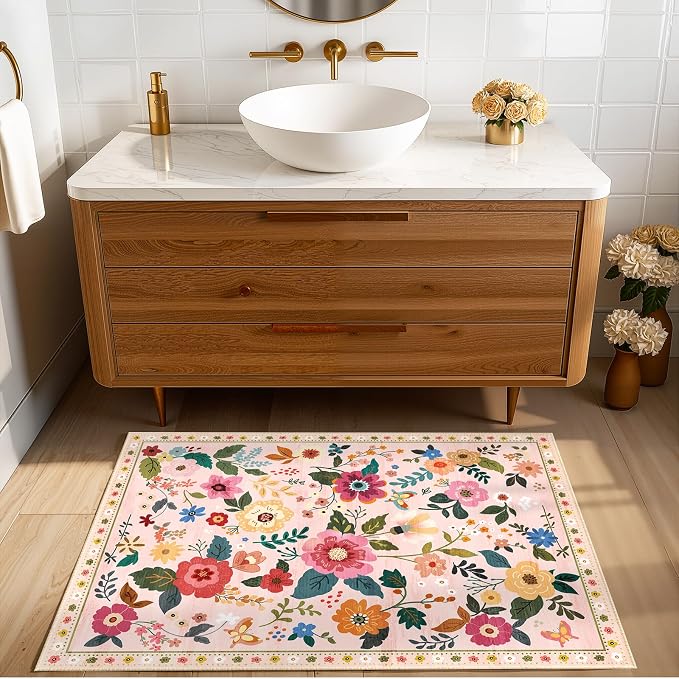 RELEANY Floral Washable 2x3 Area Rugs Doormat Pink | Flower Carpet, Print, Boho, Non-Slip, Easy to Clean, Soft, Low Pile for Living Room Bedroom Kitchen Office Entryway Hallway
