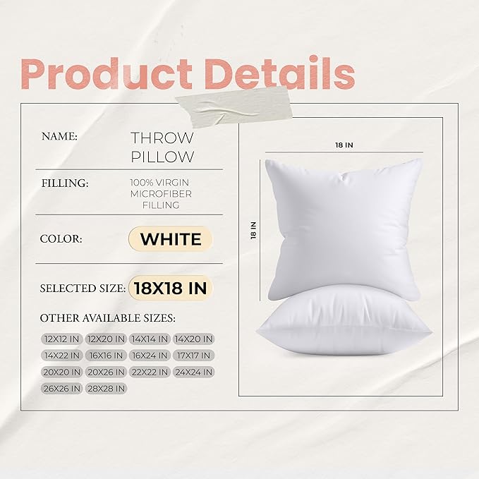 Utopia Bedding 18x18 Pillow Inserts, Set of 2, White – Indoor Decorative Throw Pillows for Bed, Sofa & Couch – Soft, Supportive & Fluffy Cushion Inserts (Pack of 3)
