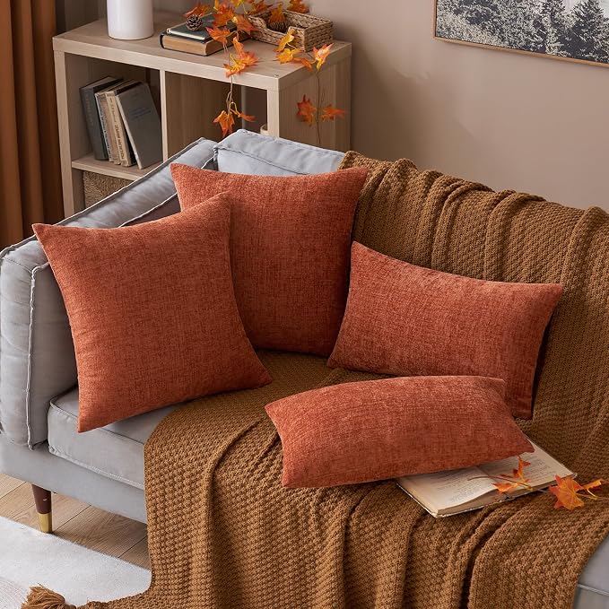 MIULEE Soft Chenille Fall Throw Pillow Covers Burnt Orange 16x16 Pack of 2 | Modern Fall Home Decor, Classic Decorative Pillows, Solid Dyed Cases, Boho Couch Cushion Covers for Sofa Bed Living Room