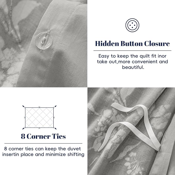 PHF Stone-Washed 100% Cotton Duvet Cover Queen Size, 90"x90", Formal Grey | Elegant Floral Jacquard Woven, Ultra Soft Breathable All Season Bedding Set for Adults, 3pcs with 2 Pillow Shams, No Filling