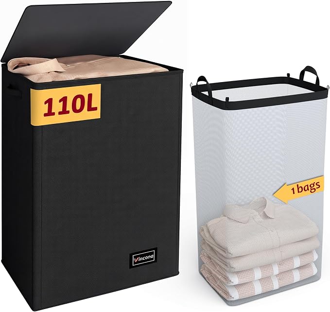 110L Laundry Hamper with Lid, Reinforced Sturdy Large Laundry Hamper with Handle and Lid, Collapsible Clothes Basket Organizer with Removable Liner Bag, Tall Dirty Clothes Bin for Dorm Bedroom