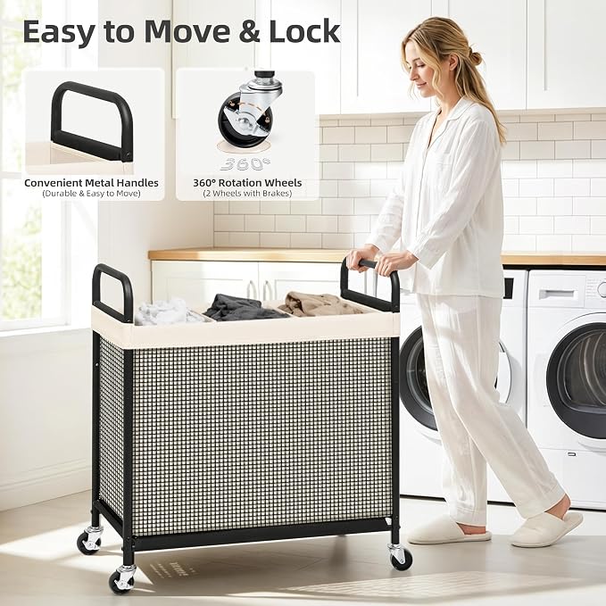 STORAGE MANIAC Rolling Laundry Hamper with Wheels 3-Section Laundry Sorter Rolling Laundrys Basket on Wheels with Removable Bag Clothes Hamper Laundrys Organizer Cart Bathroom Bedroom 120L Beige