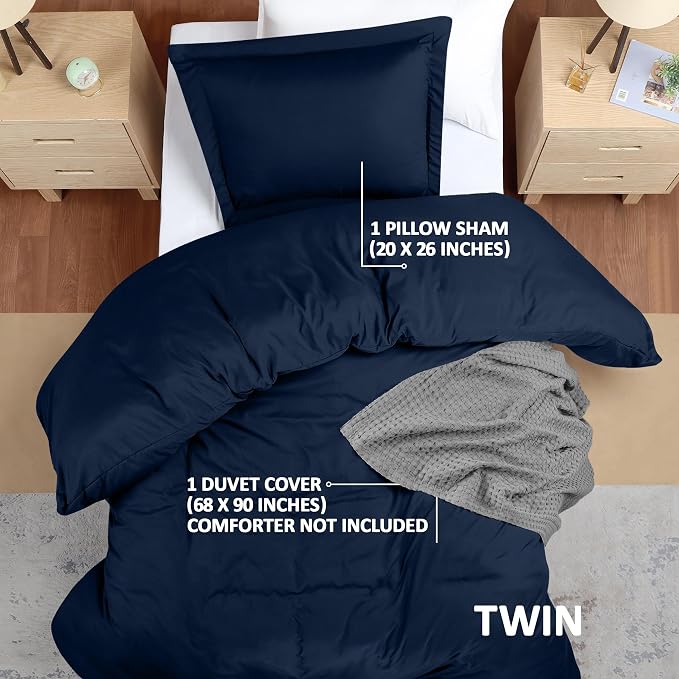 Duvet Cover Twin/Twin XL, 3 PC Cotton Like Polyester, Zipper Closure, Navy | Extra Soft and Breathable, Wrinkle & Fade Resistant, Includes Duvet Cover and 1 Pillow Sham, Comforter Not Included, OekoTex