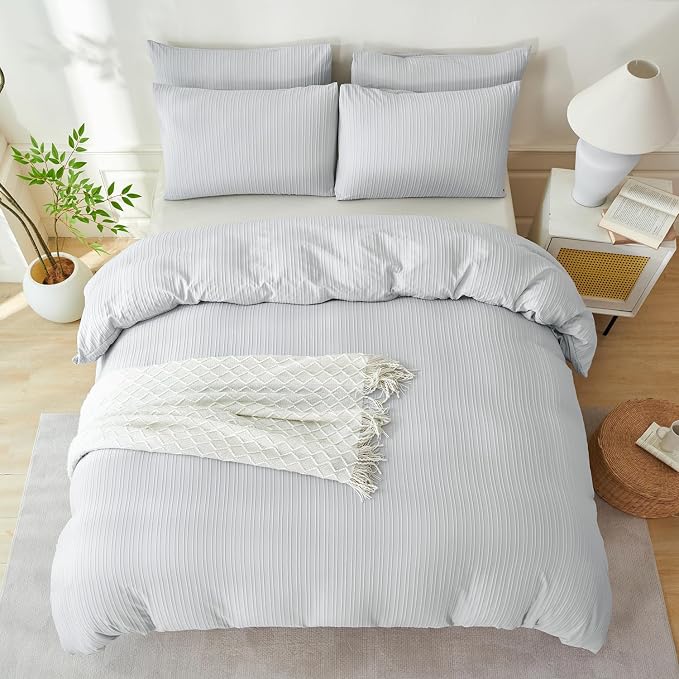Light Grey Comforter Set King Soft Luxury Washed Microfiber Jacquard 3 Pieces Bedding Set, Grey Vertical Ticking Stripes Pattern Comforter with 2 Pillowcases Breathable Durable Comfy