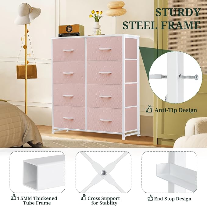 8-Drawer Dresser for Bedroom, Anti-Tip Tall Storage Organizer | Chest of Drawers with Wooden Top and Metal Frame Fabric Bins for Closet, Living Room, Hallway, Entryway, Pink