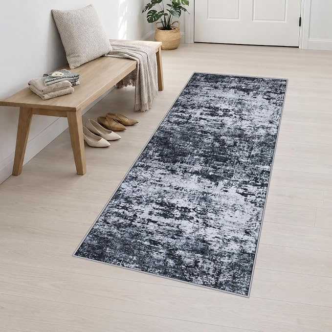 2.6x8 Washable Runner Rug：Modern Abstract Kitchen Carpet Black | For Hallway, Bedroom, Kitchen, Laundry, Bathroom,Door Mat,Modern Abstract,Machine washable,Non-Slip,Stain Resistant,Indoor