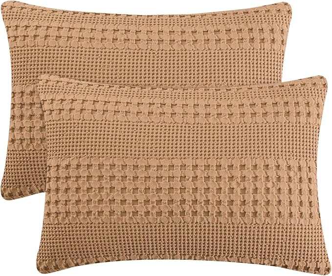 PHF 100% Cotton Waffle Pillow Shams King Size, 2 Pack 20" x 36" Soft Skin-Friendly Pillowcases, No Filling, Aesthetic Woven and Breathable Waffle Weave Pillow Case Covers for Bed, Clay