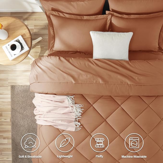 King Size Comforter Set Pumpkin - 7 Pieces Complete Bedding Set | OEKO-TEX Certified, All Season, 240GSM Down-Alternative Comforter, Sheets, Pillowcases & Shams, 14" Deep Pocket, Easy Care