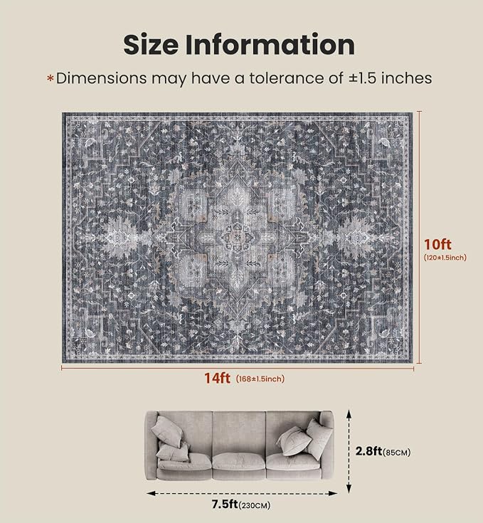 AMADA HOMEFURNISHING 10x14 Washable Area Rug, Low-Profile Large Area Rug with Non-Slip Backing & Durable Edge Binding, Vintage Large Rugs for Living Room, Bedroom & Dining Room