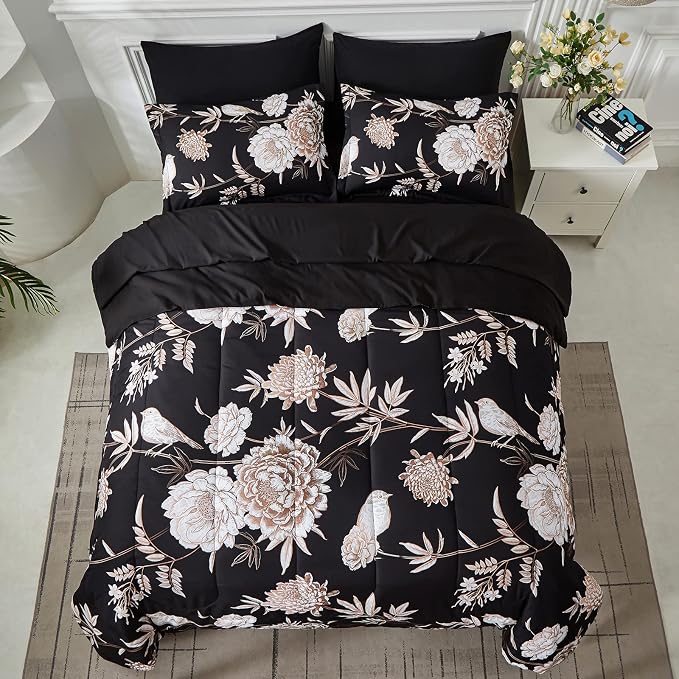 Yogeneg 7 Piece Bed in a Bag Queen Comforter Set Botanical Floral Bedding Set,Flower Leaves Brids Printed on Black Reversible Design,Soft Microfiber Comforter with Sheet Set,All Season(Black B,Queen)