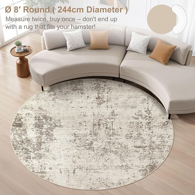 UERMEI 8ft Round Area Rug Living Room Rugs - 8x8 Washable Neutral Modern Abstract Soft Thin Rug Indoor Floor No Slip Rug Carpet for Bedroom Under Dining Table Home Office Decor - Dark Brown