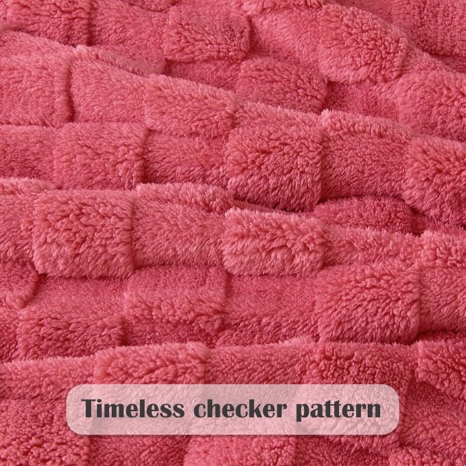 NEWCOSPLAY 3D Checkered Flannel Twin Blanket, Coral Pink, 60"x80" | Super Soft Cute Lightweight Decorative Premium Silky Fleece Blanket for Couch Sofa Bed, Gift for Women Men, All Season Use
