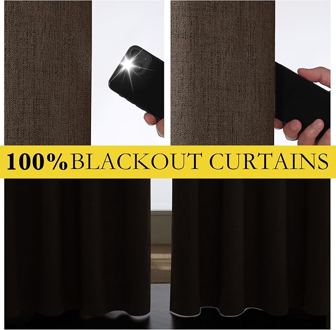 NICETOWN Coffee Vintage Linen 100% Blackout Curtains for Dining Room, Thermal Insulated Curtains 45" Long, Noise Reducing Window Treatment Drapes for Kitchen, 42" Wide Per Panel, Set of 2