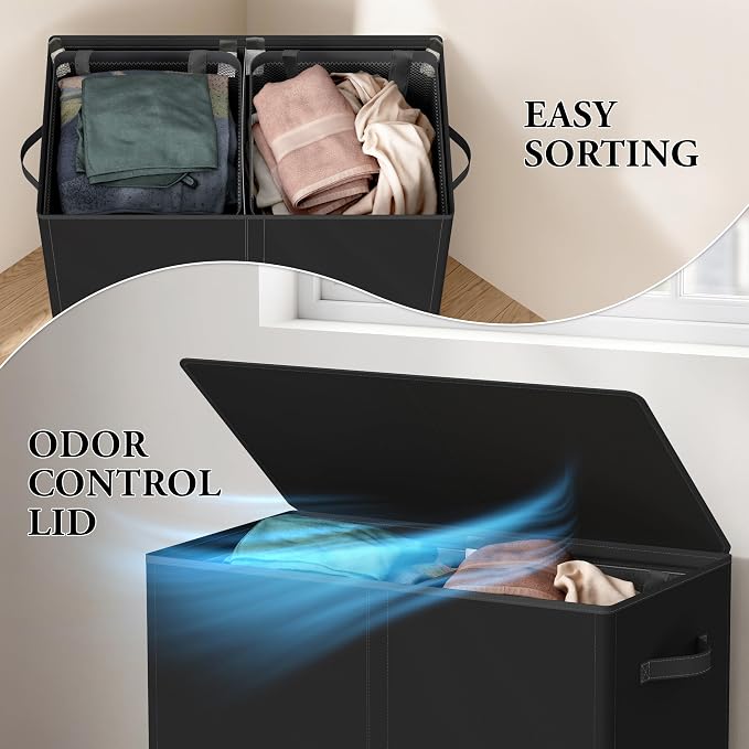 Simple Houseware Double Laundry Hamper with Lid & Removable Bags, Black | Heavy Duty 600D Polyester, Water-Resistant Surface