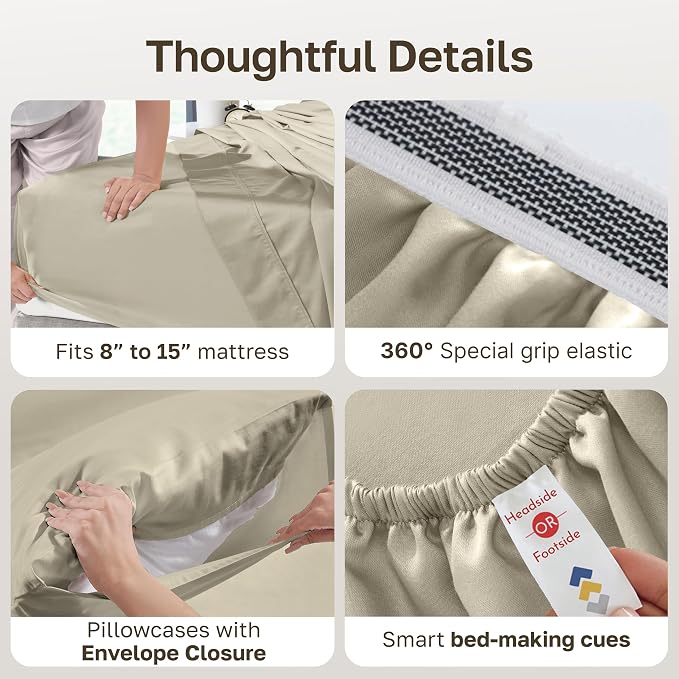 California Design Den Certified 100% Egyptian Cotton Full Bed Sheets, Beige | Backed by Good Housekeeping Seal, Light & Airy Soft Sateen, 15" Deep Pocket, All-Around Elastic, Durable, Easy Care 4pc Set