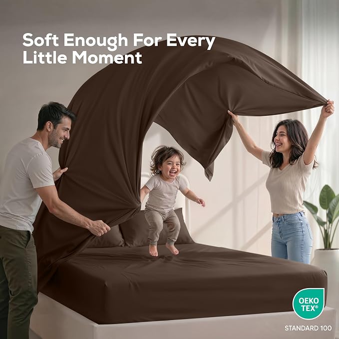 King Sheets Set, 4 Pieces 16" Deep Pocket Hotel Luxury Bed Sheets, Brown | Extra Soft Bedsheet Set, Comfy & Breathable Cooling Sheets, Wrinkle & Fade Resistant, Fitted Sheet, Flat Sheet, 2 Pillowcases