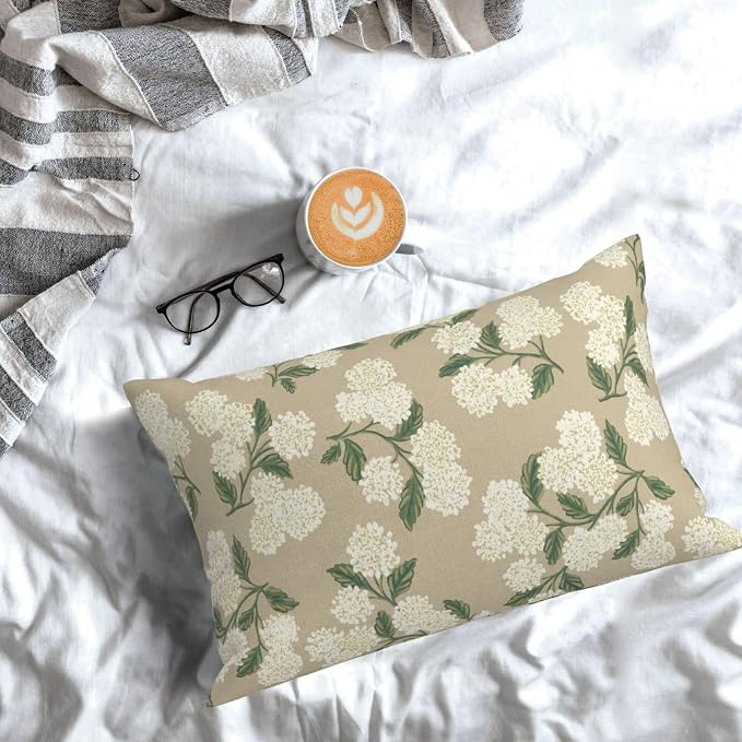 Beige Spring Pillow Covers 12x20 Inch 2 Pcs Khaki Green Hydrangea Flower Decor Throw Pillows Vintage Floral Seasonal Summer Outdoor Decoration Pillowcase Linen Cushion Cover for Couch Sofa