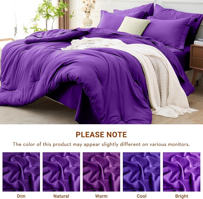 5 Pieces Twin Comforter Set, Soft Bed in a Bag Twin Size, All Season Bedding Set with Comforter, Flat Sheet, Fitted Sheet, Pillowcases & Shams, Purple