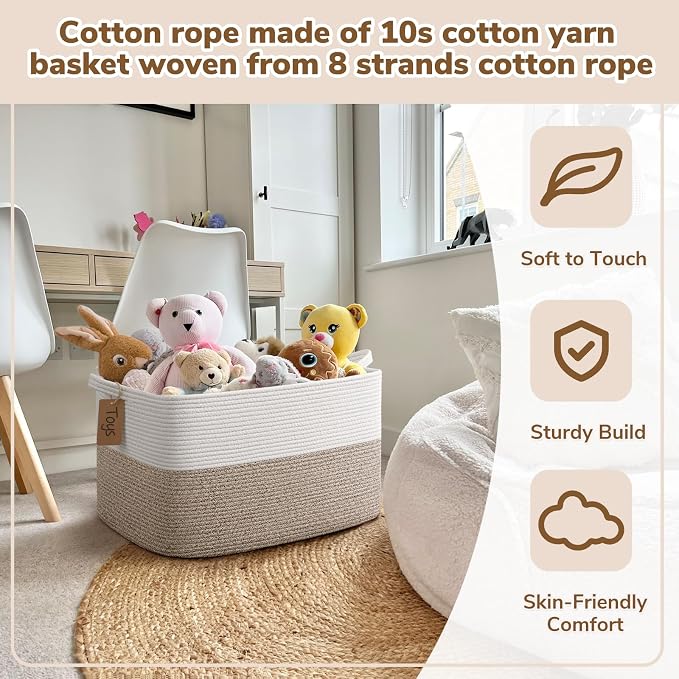 Goodpick 75L Extra Large Woven Rope Blanket Basket, Rectangle, Light Brown | 22" × 17" × 12" Decorative Storage Basket for Blankets, Toys & Clothes, Fits Living Room, Bedroom & Nursery Organization