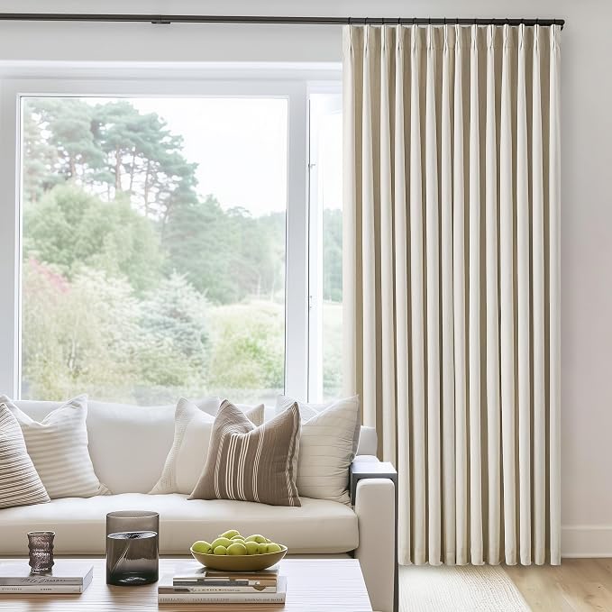 Pleated Cream Beige Linen Blackout Curtains for Bedroom 90 Inch Length | Pinch Pleat for Track System, Back Tab, 100% Black Out Room Darkening Thermal Insulated, Neutral Farmhouse, for Living Room