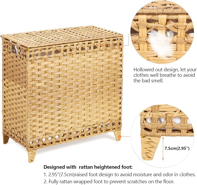 Laundry Hamper with 3 Removable Liner Bags, 132L Laundry Sorter with Lid | Raised Feet; Side Carry Handles; Handwoven PP Rattan; Rust-Resistant Iron Frame; Decorative Woven Design