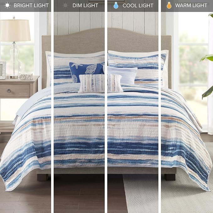 Madison Park Marina Comforter Quilt Combo Set - Modern Luxury Design, All Season Down Alternative Bedding, Matching Shams, Decorative Pillows, Full/Queen(90"x90"), Seersucker Blue 8 Piece | All Season Down Alternative Bedding Set with Comforter, Shams,...