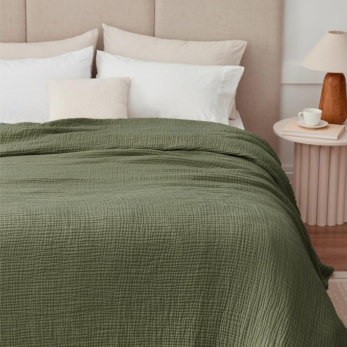100% Cotton Muslin Blanket Large 50" x 70", Breathable and Lightweight Cotton Throw Blankets for Bed and Couch, Soft Cooling Summer Gauze Blanket for Adults All Season, Olive Green