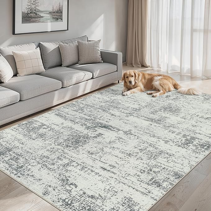 PLHXFR 9x12 Area Rug Living Room: Modern Abstract Washable Carpet Grey | For Bedroom Dining Room Farmhouse Nursery Home,Machine washable,Non Slip,Large Soft Neutral,Stain Resistant, Indoor Floor