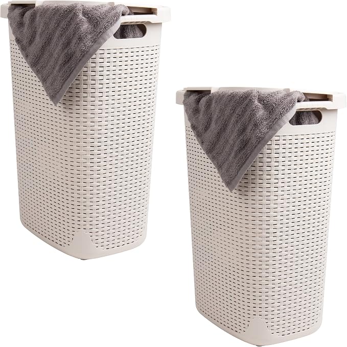 Mind Reader Tall Tapered Laundry Hamper with Lid, 60L Clothes Basket, Narrow Base Design for Bathrooms, Closets and Laundry Rooms, Plastic, 2 Pack, Ivory
