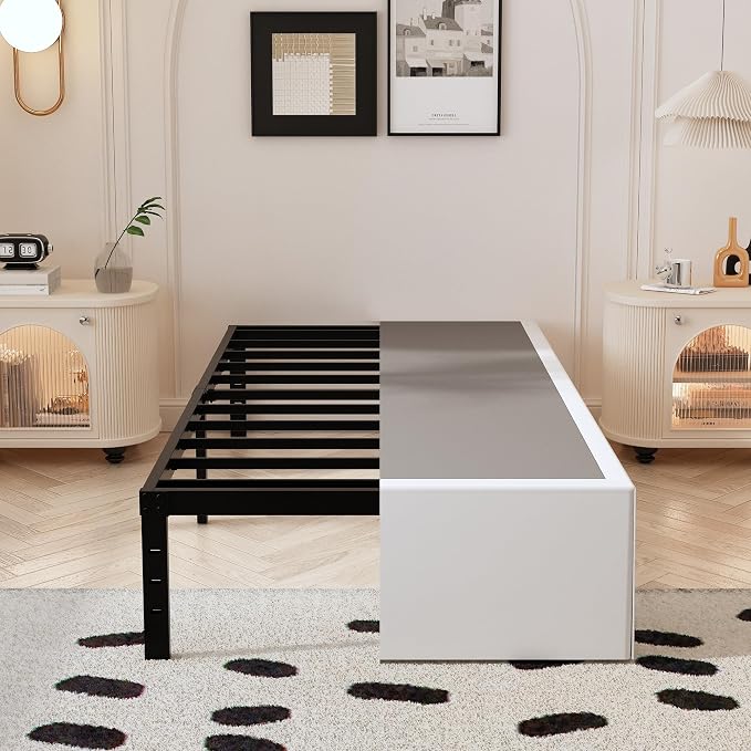 Maenizi 14 Inch XL Twin Bed Frame with White Fabric Cover, Heavy Duty Metal Twin XL Platform Bed Frame, No Box Spring Needed, Support Up to 2500 lbs, Easy Assembly, Noise Free, Black