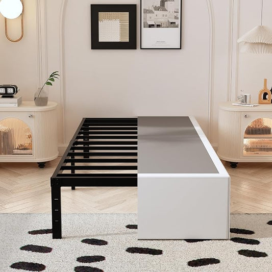 Maenizi 14 Inch XL Twin Bed Frame with White Fabric Cover, Heavy Duty Metal Twin XL Platform Bed Frame, No Box Spring Needed, Support Up to 2500 lbs, Easy Assembly, Noise Free, Black