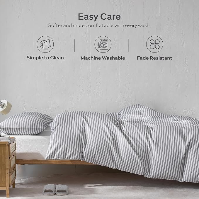 JELLYMONI 100% Cotton Printed Striped Full Duvet Cover Set, Grey | Breathable and Soft, Classic Stripes, 8 Corner Ties & Double-Head Hidden Zipper, For Guest or Teen Room