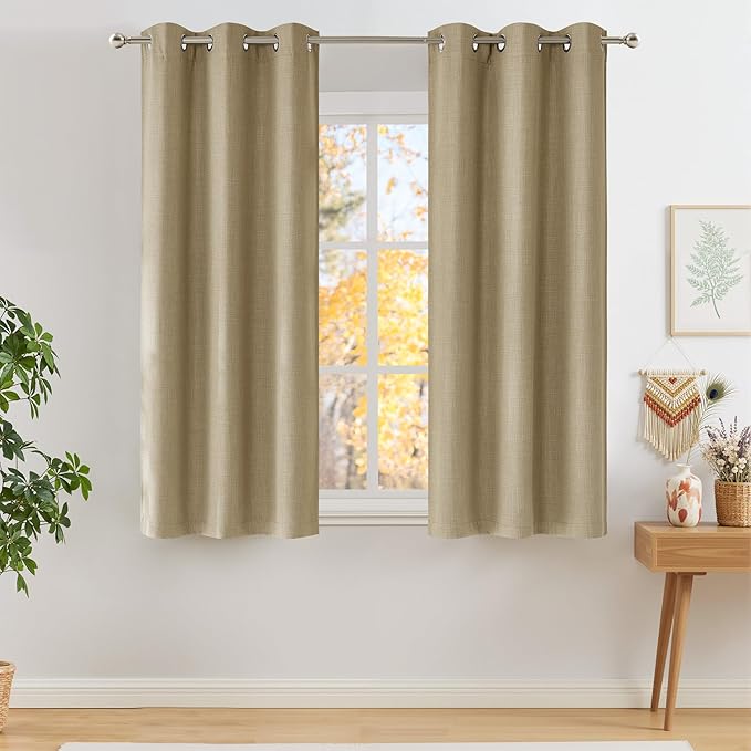NICETOWN Short Faux Linen Oatmeal Blackout Curtains W42 by L63 | Privacy Panels for Living Room Bedroom, Modern Farmhouse Style, Easy Care, Grommet Top, 2 Panels