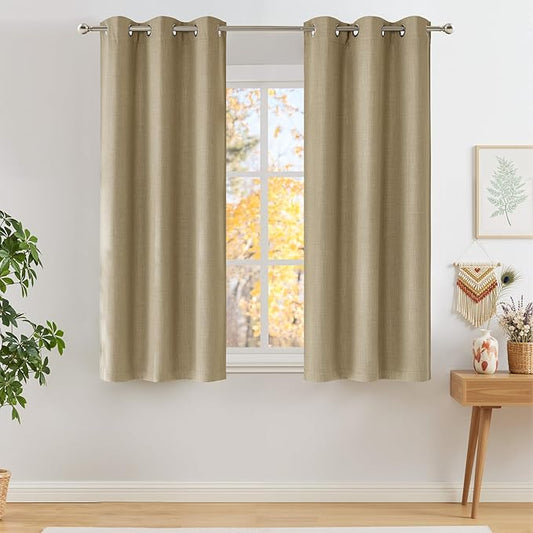 NICETOWN Short Faux Linen Oatmeal Blackout Curtains W42 by L63 | Privacy Panels for Living Room Bedroom, Modern Farmhouse Style, Easy Care, Grommet Top, 2 Panels
