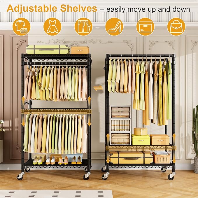 P4 Rolling Clothes Rack, Clothing Racks for Hanging Clothes, Black | Heavy Duty Garment Rack with Wheels, 2-Tier Free Standing Portable Closet Racks 35.5''W × 20.5''D × 80.5''H, Max Load 560Lbs