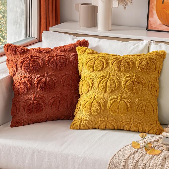 MIULEE Fall Pillow Covers Pumpkin Fall Decor 18x18 Mustard Yellow | Set of 2 Fall Decorations for Home, Plush Faux Fur Farmhouse Accent Pillowcases, Porch Sofa Couch Cushion Bed Livingroom