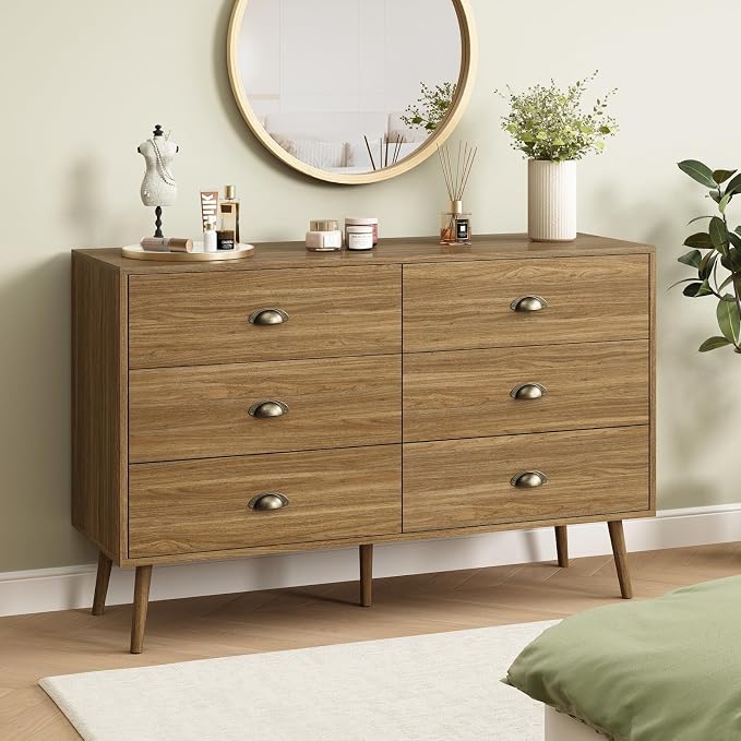 Oak 6 Drawer Dresser for Bedroom, 47" Wood Dresser with Gold Handles. | Modern Dressers & Chests of Drawers for Living Room, Hallway, Entryway.