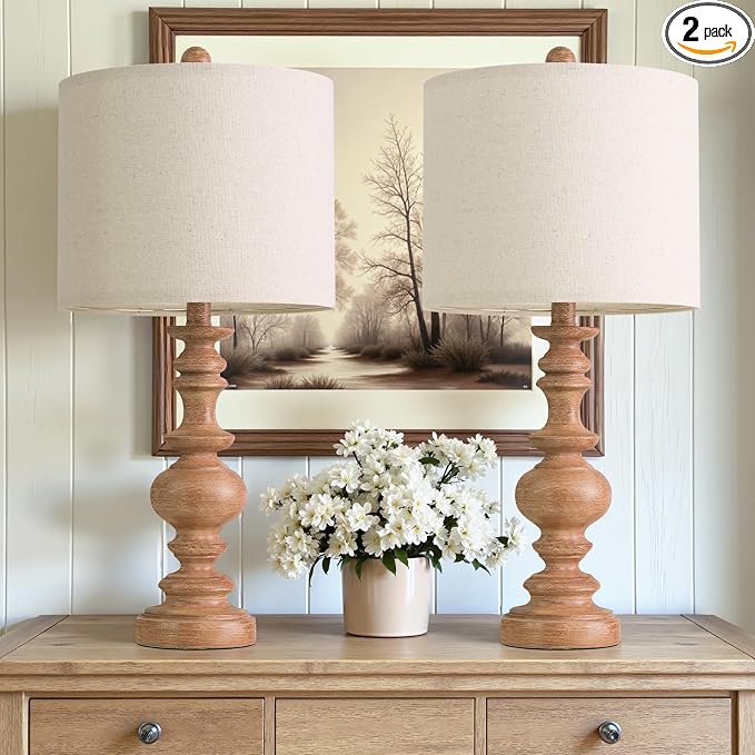 BOBOMOMO 24" Farmhouse Table Lamps Set of 2 – Rustic Light Brown Resin Bedside Lamps with Linen Shades, Medium Size Nightstand Lamps for Bedroom, Living Room, and Entryway, Ideal for Warm, Cozy Spaces