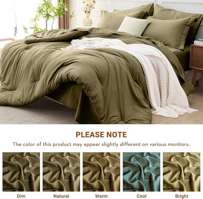 7 Pieces Queen Comforter Set, Soft Bed in a Bag Queen Size, All Season Bedding Set with Comforter, Flat Sheet, Fitted Sheet, Pillowcases & Shams, Olive Green